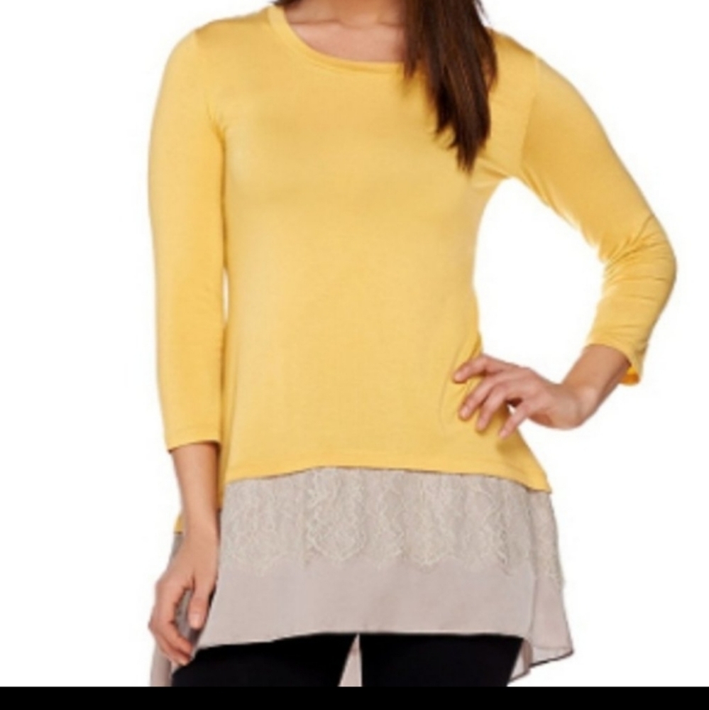 LOGO Lori Goldstein Tunic Layered Look Lace Satin Tunic Top Womens Large